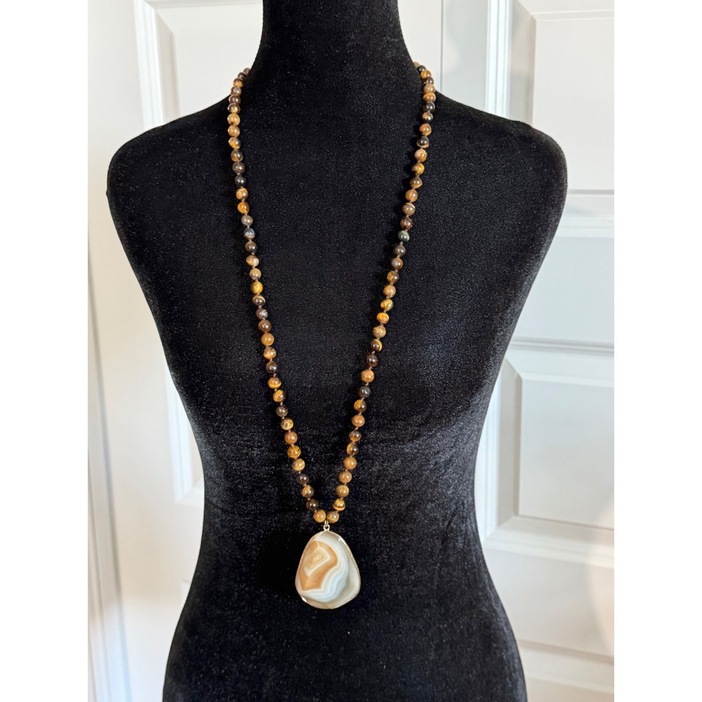 Tiger Eye Beaded Necklace Banded Agate Pendant 39in Gold Tone Boho Statement